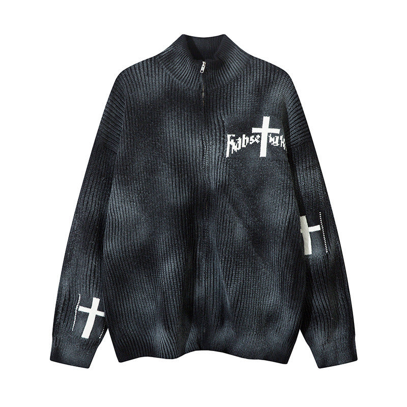 Tie dye used dirty stand up collar cardigan sweater