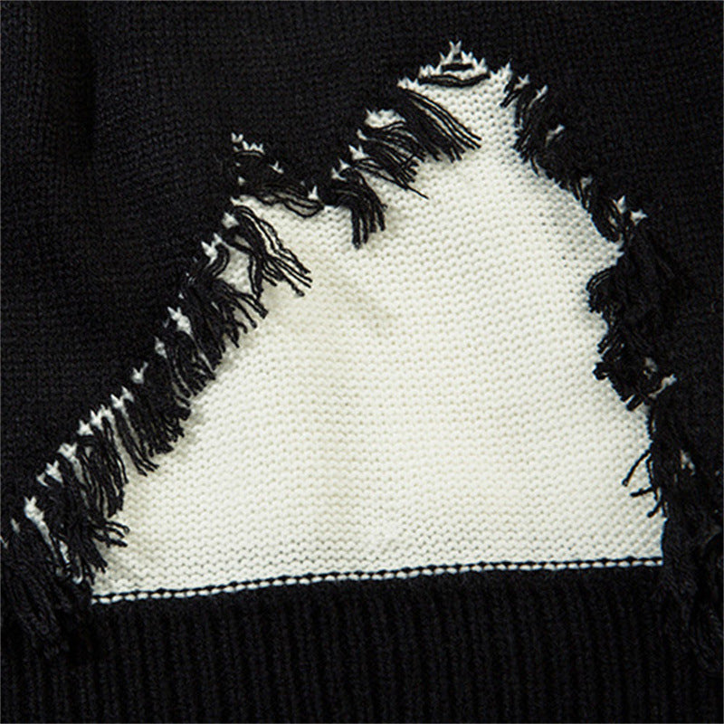 Cat whisker tassel torn hole spliced contrasting sweater