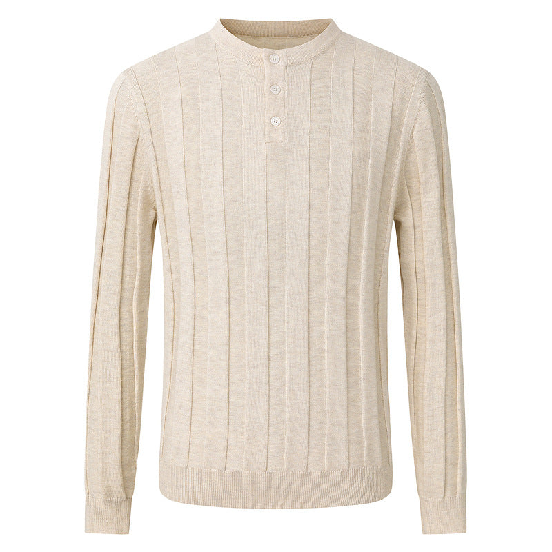 Simple Henley collar vertical pit stripe oat knit sweater