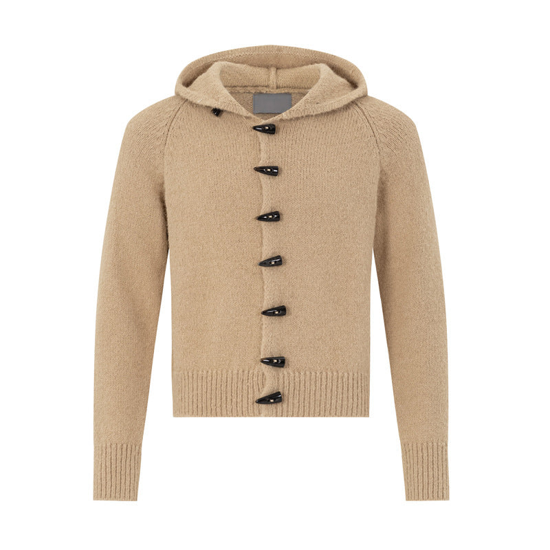 Knitted jacket with hat single row cow horn button short cardigan sweater