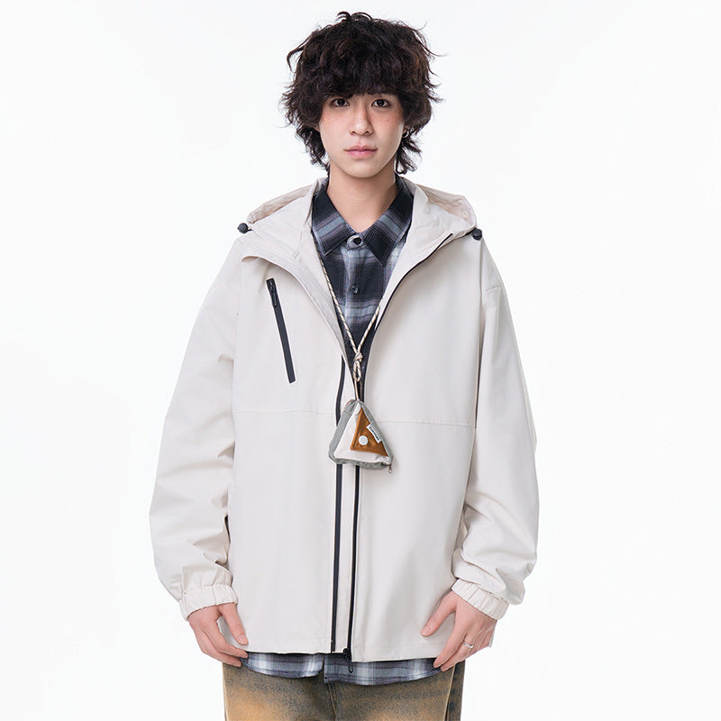 Outdoor Windproof Hooded Jacket, Solid Color Single-Layer Workwear Outerwear for Hiking