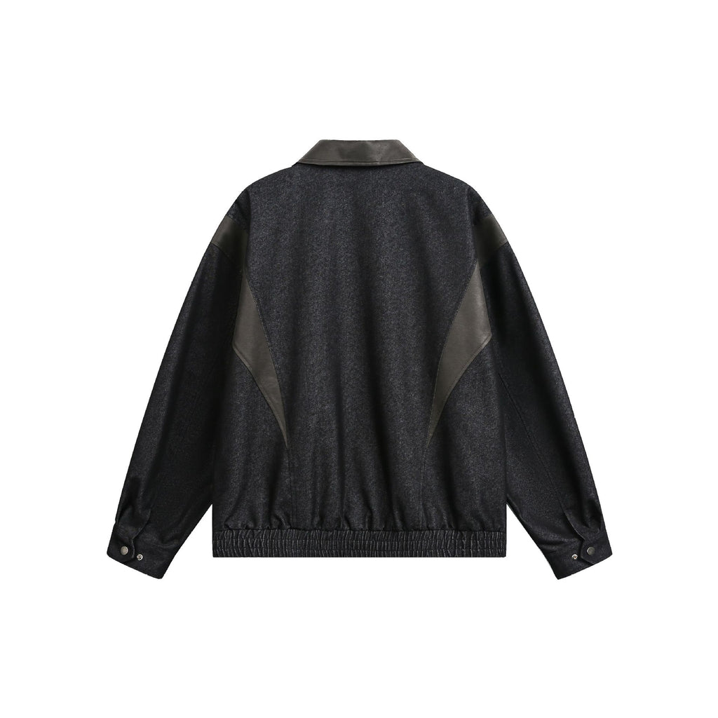 Loose PU Leather Patchwork Stand Collar Color-blocked Original Denim Jacket for Men